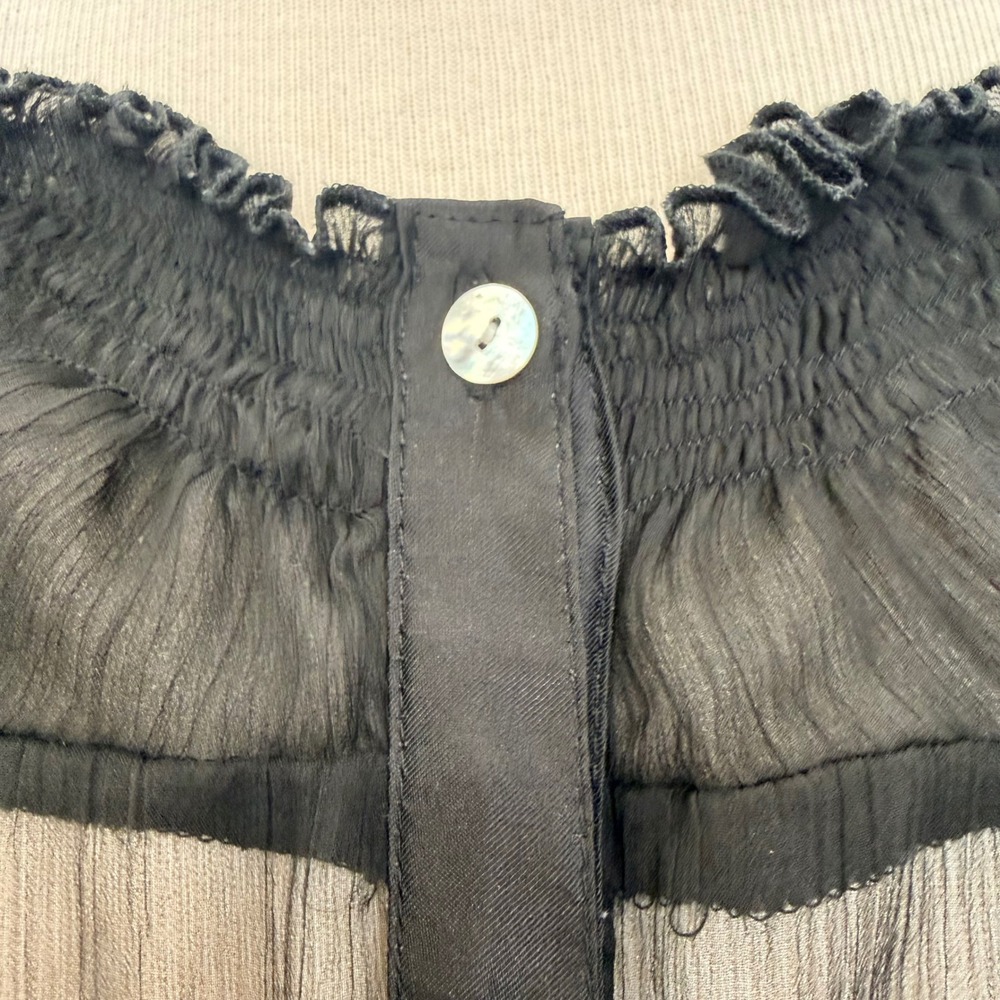 ROMY Romantic Sheer Chiffon Blouse Womens Small Black Sexy Ruffle Ribbon Tie - Picture 4 of 13